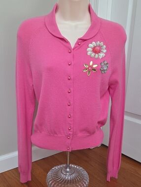 Cynthia Steffe Y2K Pink Rhinestone Floral Peter Pan Collar Cardigan Sweater S